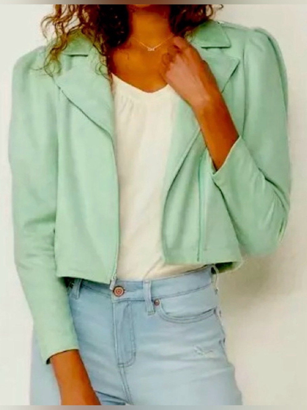 LC Lauren Conrad Faux Suede Puffed-Sleeve Moto Jacket in Flirty Green